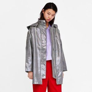 ZARA White/Black/Red Waterproof Check Trench Coat